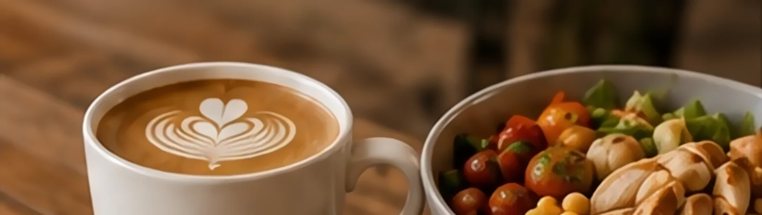 A latte with heart-shaped art beside a fresh bowl