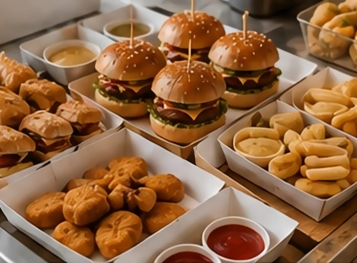 Sliders, nuggets and fries laid out to share