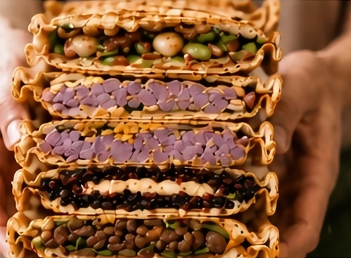 A stack of hot pressed sandwiches cut open